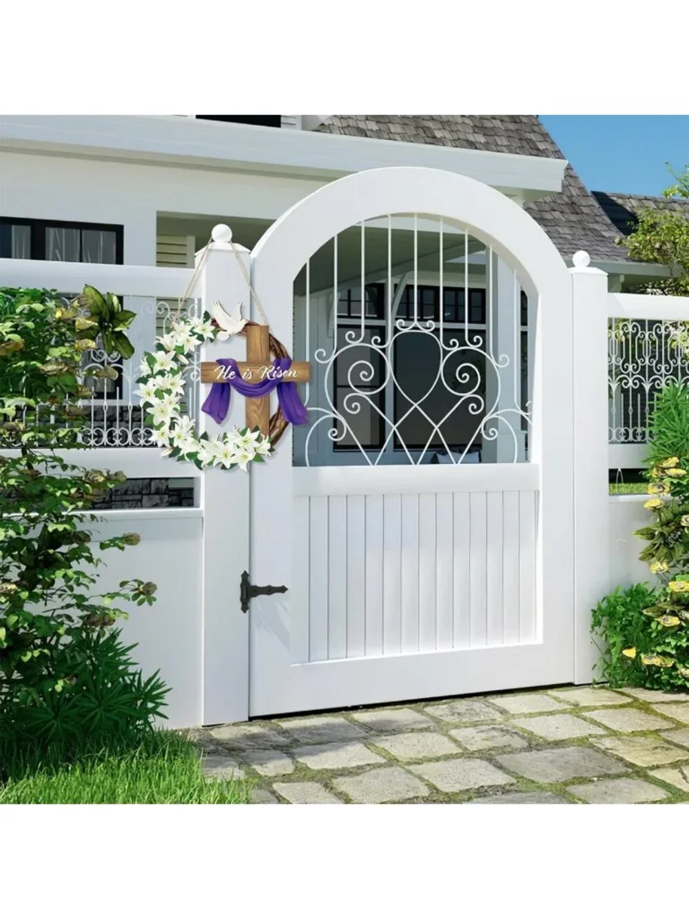 Easter Wooden Wreath for Front Door | Christian Cross Sign & Lily Flowers Decor